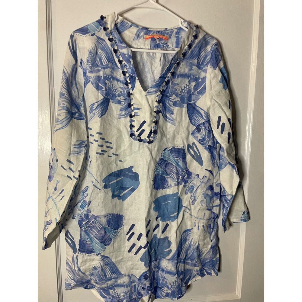 VILA GALLO Women's‎ Blue Fish Print Linen Tunic Dress Cover Up Size 42 Medium M